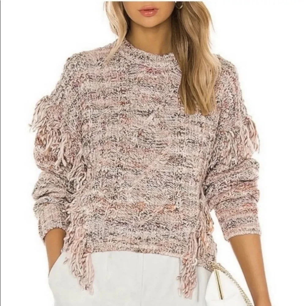 Joie Meghan Cable Knit Fringe Rose Sweater Boho Wool Blend Women XL Pullover top